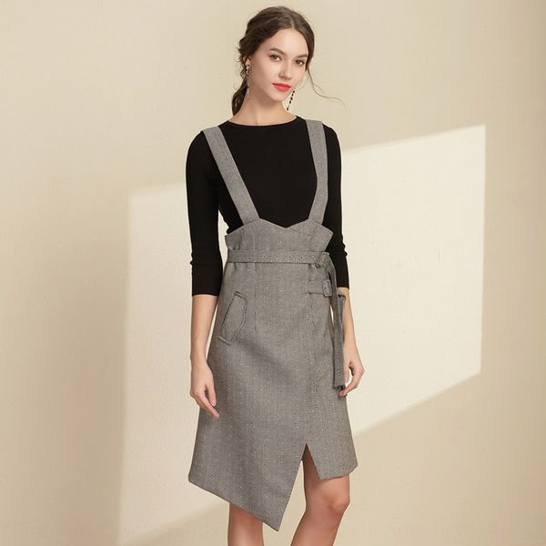 

2020 spring new irregular plaid strap knitwearskirt suit 2020 spring new women's knitwear irregular plaid strap knitwear knitwearskirt, Gray