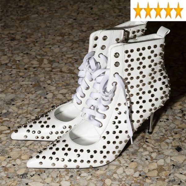 

summer spring rivet new hollow womens pointed toe lace up zip genuine leather thin high heels ankle boots feminino, Black