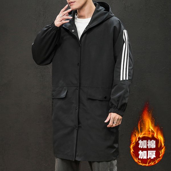 

2020 winter plus medium length windbreaker fashion loose solid color large size coat men's hooded cotton jacket, Tan;black