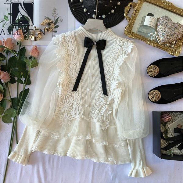 

aeleseen runway fashion knitted blouse lace flower embroidery lantern sleeve knitting white black autumn blouse
