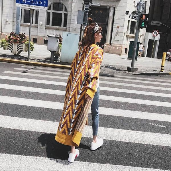 

women's trench coats 2021 autumn winter casual striped knitting coat women street style open stitch jackt classic long female windbreak, Tan;black