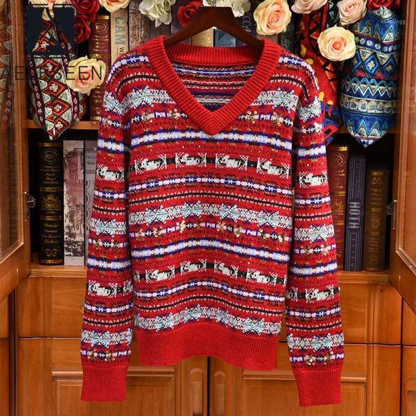 

aeleseen runway fashion red sweater autumn winter long lantern sleeve knitted sequined flower print sweater women1, White;black
