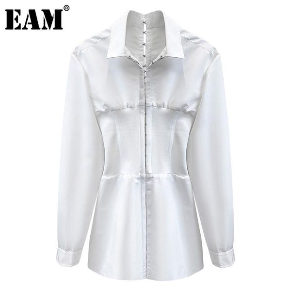 

[eam] women white knitting split joint shirt dress new lapel long sleeve loose fit fashion tide spring autumn 2020 1dd0086, Black;gray