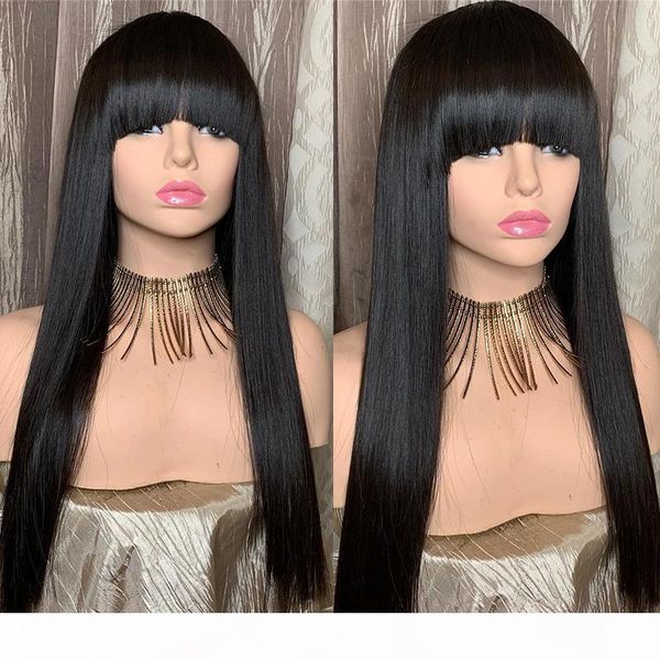 

straight lace front wigs peruvian virgin hair full fringe wig human hair glueless full lace wig with bangs bleached knots for black women, Black;brown