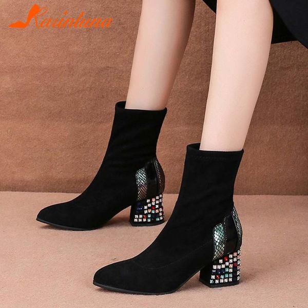 

boots brand fashion leiusre women shoes flock stretch fabric cyrstal elegant ankle slip-on footwear, Black