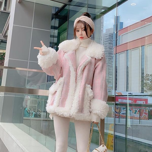 

women 2021 autumn winter chic elegant faux lamb wool fake fur coat female thick warm casual loose jacket overcoat outerwear c2411, Black