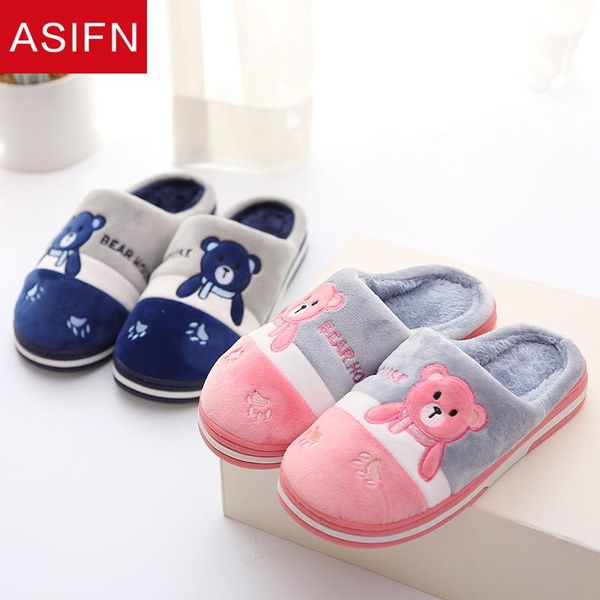 

asifn winter house slippers women men embroidered cute bear non-slip indoor home warm cotton couples shoes ladies fur slippers, Black