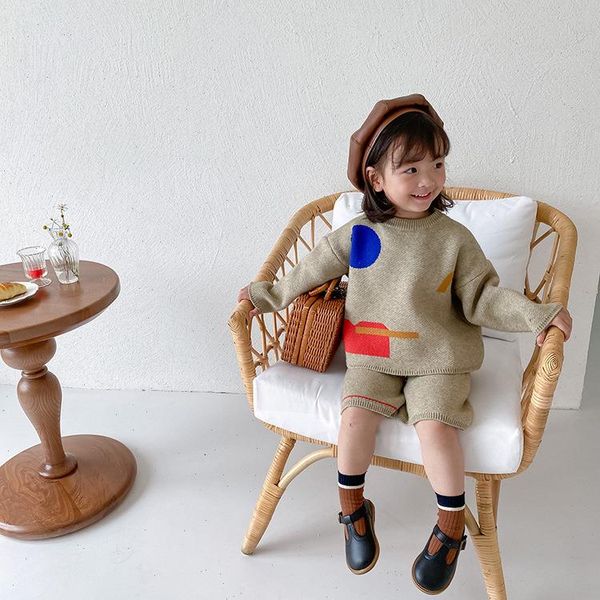 

winter baby girls geometric pattern knitted thick clothes sets children kids warm long sleeve sweater and knee length pants, White