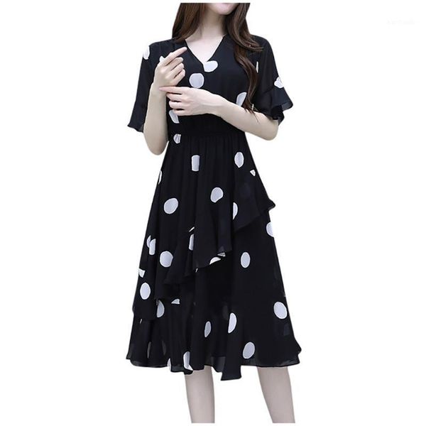 

women beach dress party fashion summer dresses v-neck knee length short sleeve wave point dress vestidos plus size#y21