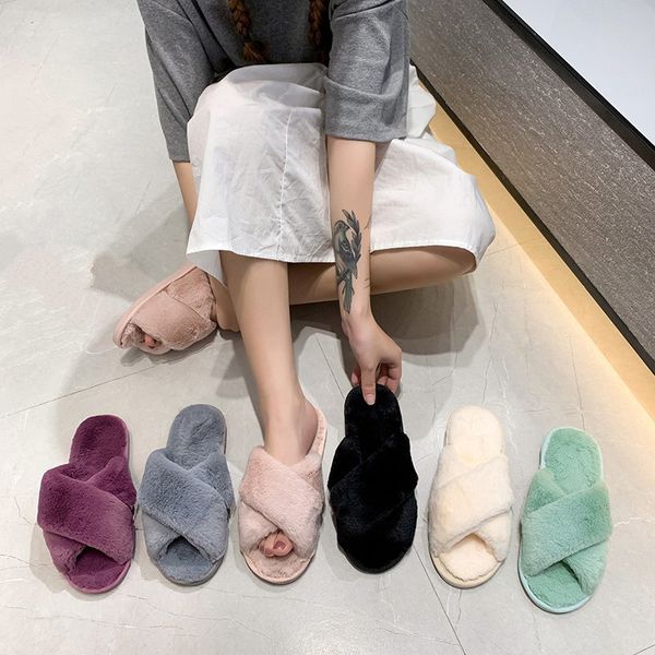 

emma yhbl winter women house slippers faux fur warm shoes female slip on home slides cozy furry slippers x1020, Black