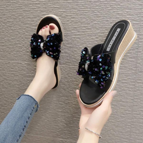 

fashion summer women med wedges shoes 2020 casual slip-on summer slippers women sweet bowknot blingbling platform slides, Black