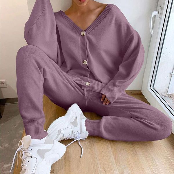 

women's tracksuits knitted sweater sets autumn suits casual knit female track suit v-neck sweaters long pants elegant ladies streetwear, Gray