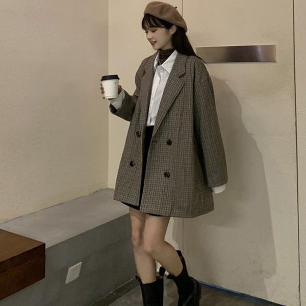 

women's wool & blends 2021 winter plaid suit office ladies long coat retro double-breasted jacket simple elegant female woolen blazer, Black