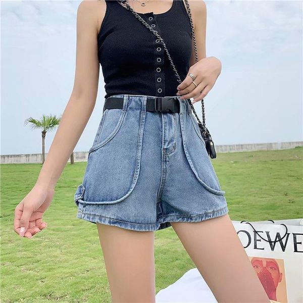 

women's shorts high waist plus size denim summer punk short jeans ladies street wear for women with belt, White;black