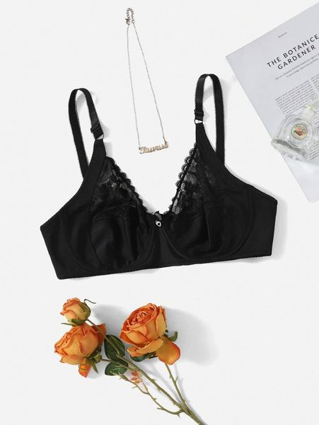

plus contrast lace underwire bra g2fn#, Black;white