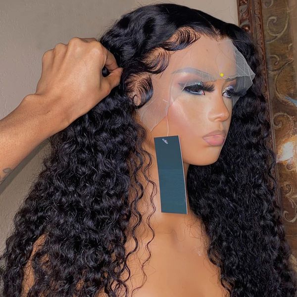 

natural looking26 inch long kinky straight lace front wig for women with babyhair high temperature fiber daily wear middle part deep part gl, Black;brown