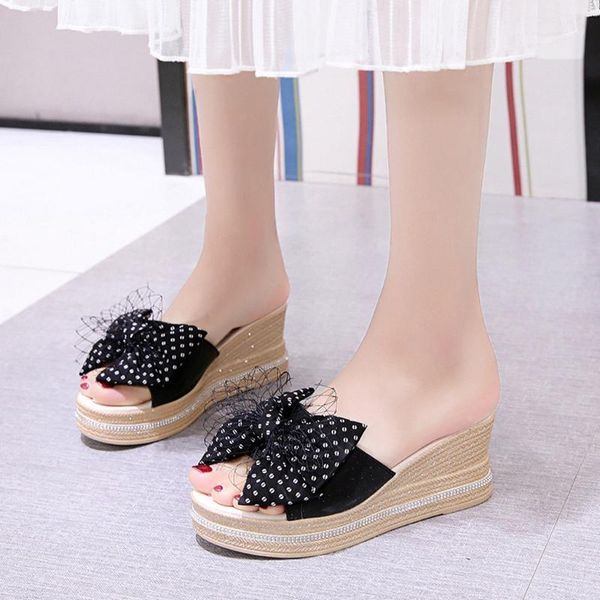 

women's outdoor soft platform slippers with flat toe heels and bow-tie beach shoes slippers summer waterproof platform#1, Black
