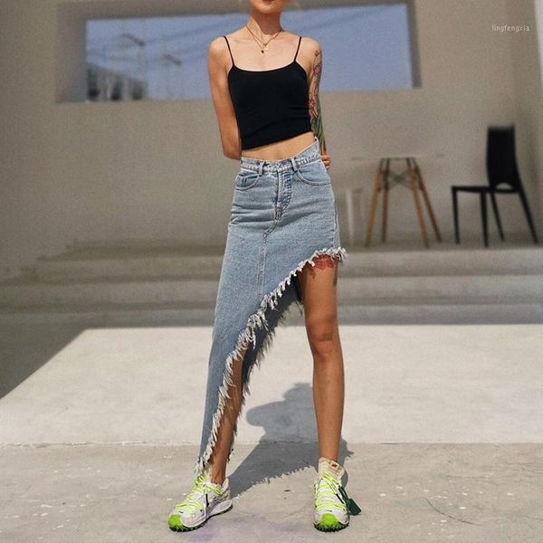 

2021 rushed skirts faldas mujer women's mid-length skirt a high-waist irregular beveled side was thin one-step casual women1, Black