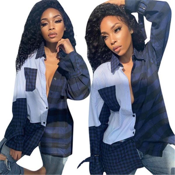 

womens plaid panelled blouses fashion trend long sleeve loose irregular ladies shirts clothing desinger female new lapel neck casual blouses, White