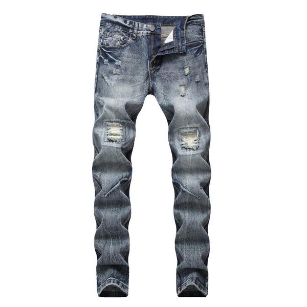 

hoo 2020 men straight jeans hole affixed cloth light denim trousers, Blue