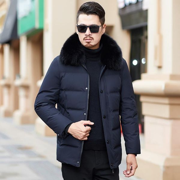 

down jacket new men's medium and long detachable hair collar winter fashion youth business extra thick warm coat, Black