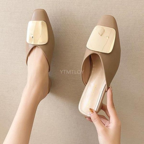 

slippers design luxury women genuine leather mules shoes comfort metal decor slides summer 2021 zapatillas mujer casa, Black
