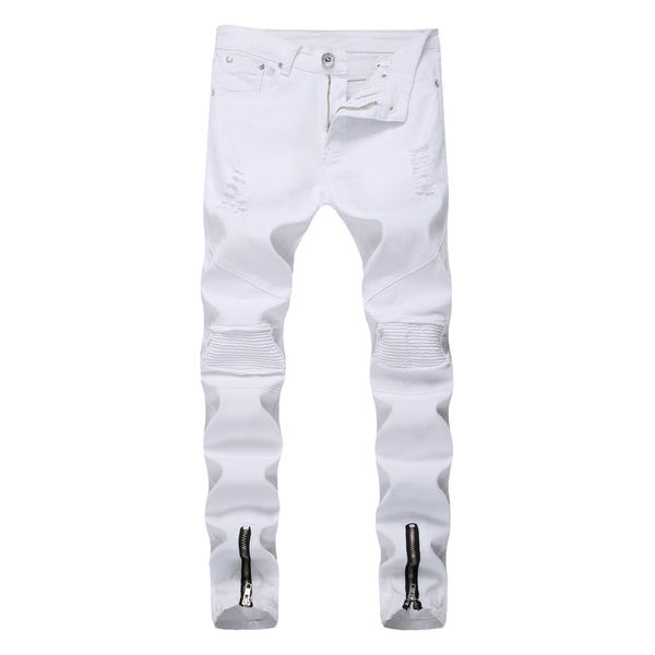 

new style jeans, white feet, slim body, holes, old locomotive men's casual pants, Blue
