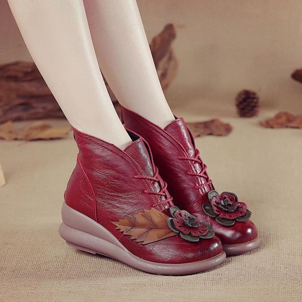 

2020 new fashion genuine leather women boots winter shoes casual lace up women boots wedges shoes handmade woman, Black