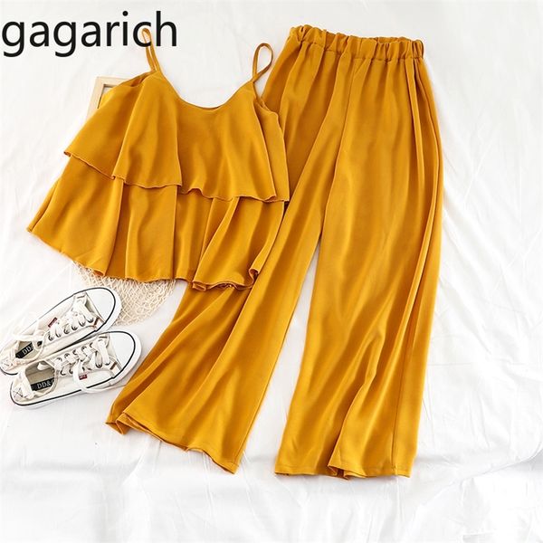 

gagarich women suits summer new loose strap elastic waist wide leg ankle length pants casual chiffon two pieces sets t200702, White
