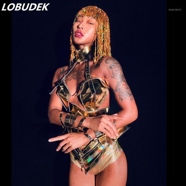 

personality hollow out armor bodysuit gold sequins wig dance outfit women future technology cosplay costume dancer stage wear1, Black;red