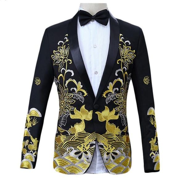

mens pattern blazer coats chinese style floral fish embroidery blazer men shawl collar male stage wear prom blazers jackets, White;black