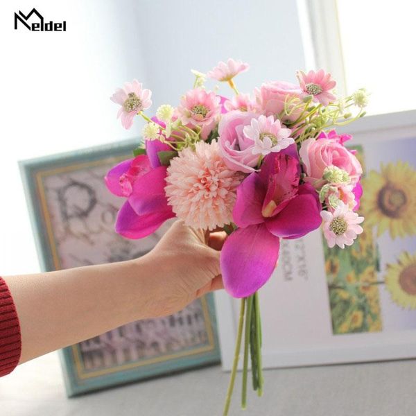 

meldel dropship yellow rose orhcid mixed flower bouquets artificial flowers bouquets for wedding home party diy decoration
