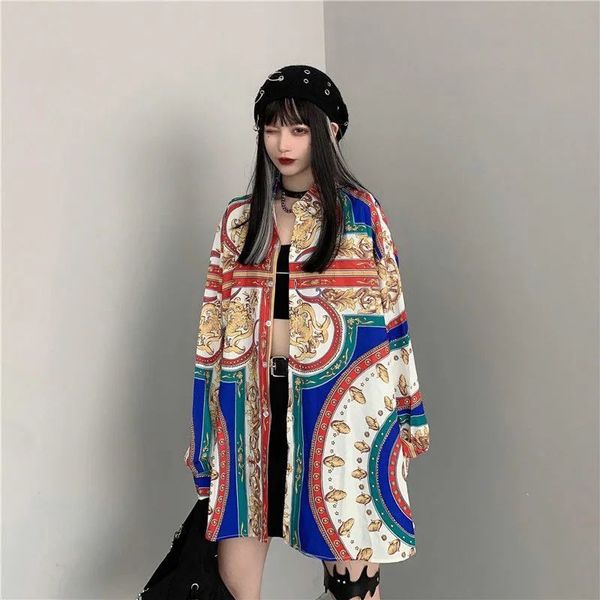 

2021 new harajuku blouses vintage ulzzang long female blouse spring loosed bohemian printing of women's 7cm6, White