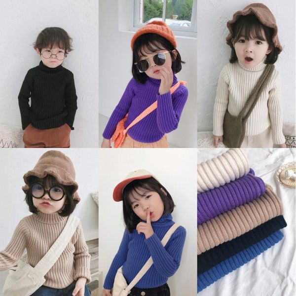

pullover 2021 winter arrival korean style cotton pure color high collar casual bottoming sweater for cute sweet baby girls and boys, Blue