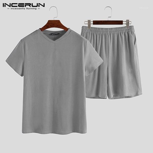 

men pajamas sets summer casual homewear solid short sleeve v neck breathable nightgown & shorts men sleepwear sets s-5xl incerun1, Black;brown