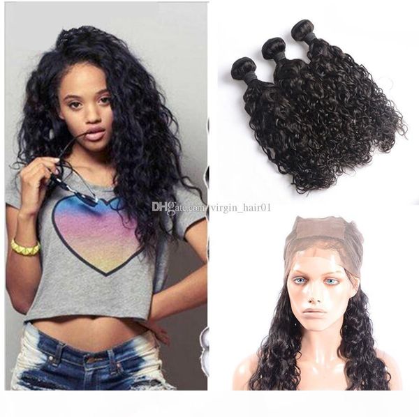 

silk base pre plucked 360 lace band frontal closure with peruvian water wave human hair bundles with baby hair natural hairline 4pcs lot, Black;brown