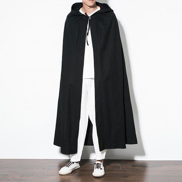

men's trench coats pure color hooded cloak jacket men chinese retro style coat 5xl1, Tan;black