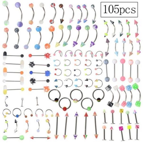 

multicolor mix acrylic stainless steel eyebrow navel belly lip tongue ring nose bar rings body piercing jewelry wholesale q sqcyen, Silver