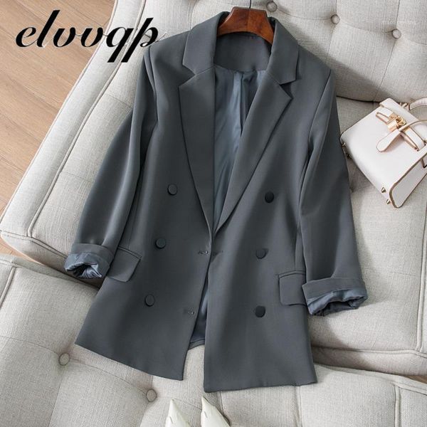 

new women vintage black gray blazer female long sleeve elegant double breasted jacket ladies office work blazer formal suits1, White;black
