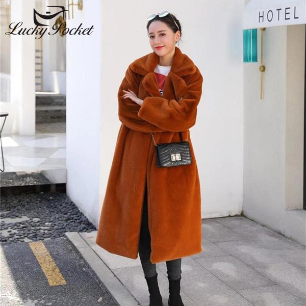 

women's fur & faux winter women coat loose lapel overcoat long female thick warm plus size luxury plush coats, Black