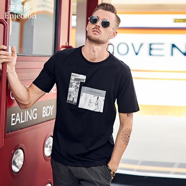 

enjeolon 2019 summer t shirt men short sleeved o-neck print cotton streetwear hip male tee shirt plus size t51691, White;black