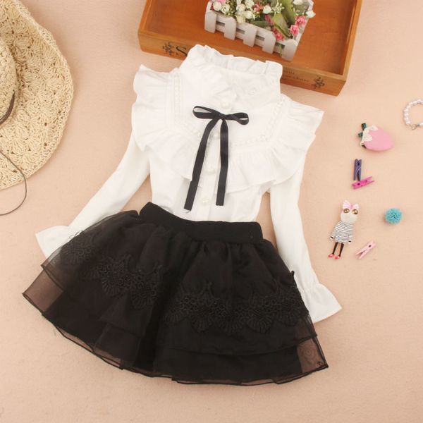 

2-16yrs white blouse for big girls ruffle sleeve black bow shirts girls teenage clothes school uniform autumn white lj200812, White;black