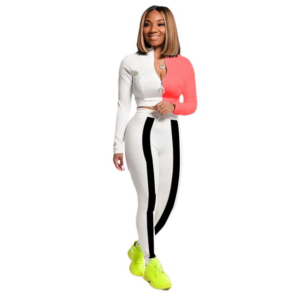 

gym clothing color patchwork sports two piece set long sleeve zipper crop pencil pants tracksuit workout push up running energy suit, White;black
