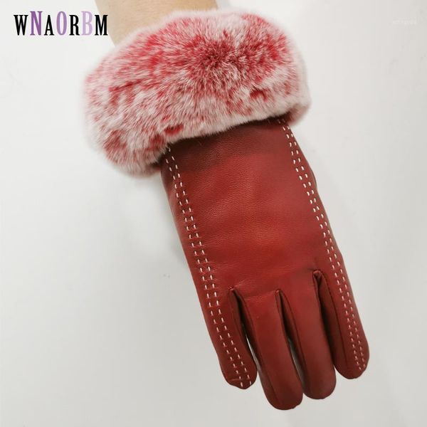 

five fingers gloves 2021 winter sheepskin mittens leather for women rex fur wrist warm female driving1, Blue;gray