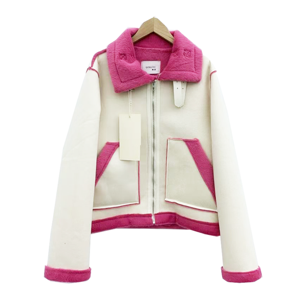 

women's fur & faux vsue women beige coat outwear zipper warm thick turn down collar pocket blue pink patchwork c0518, Black