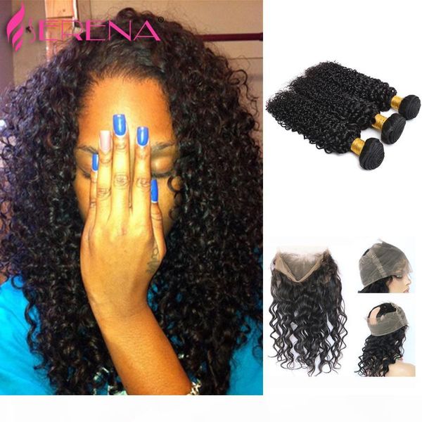 

100% virgin human hair wefts with 360 lace frontal brazilian hair bundles remy human hair extensions double weft curly weave wet and wavy, Black;brown