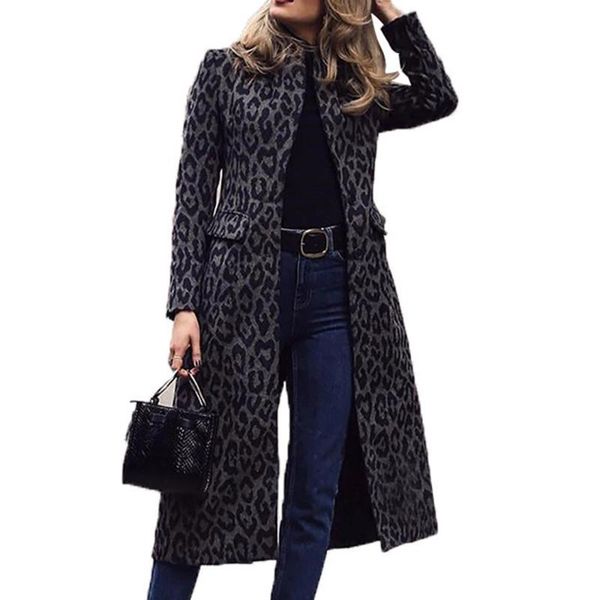

women's wool & blends chic women winter long jacket coat fashion black leopard print slim fit office lady outwear female fall clothes o