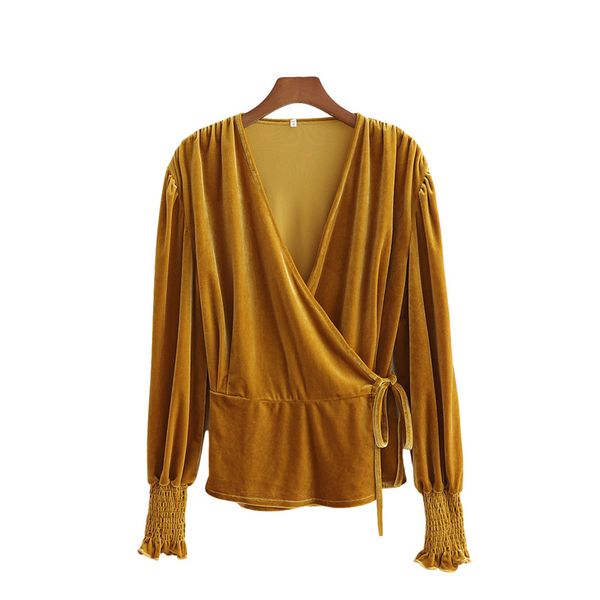 

2021 new streetwear women yellow velvet lantern sleeve shirts 2021 fashion ladies v-neck cross female sashes blouses 3pkx, White