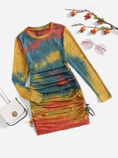 

girls tie dye drawstring dress she, Red;yellow