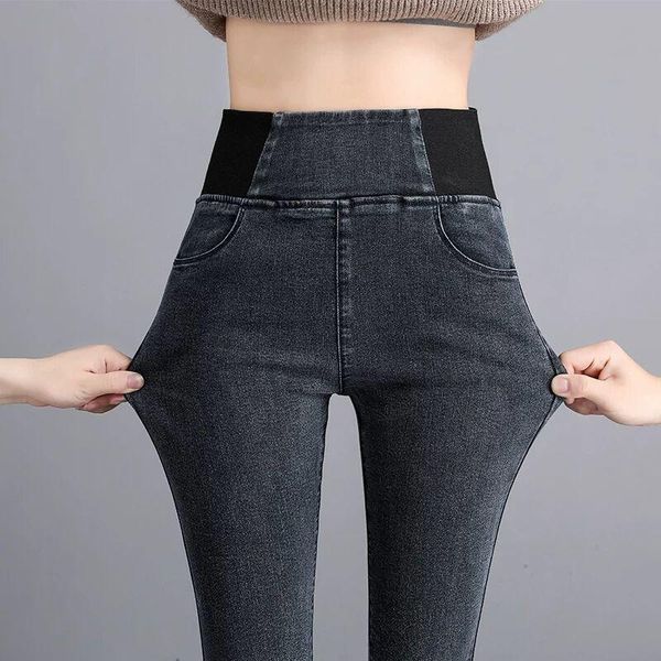 

women's elastic high waist skinny jeans plus size fashion women black blue pocket jeans autumn female stretch denim pencil pants, Black;white